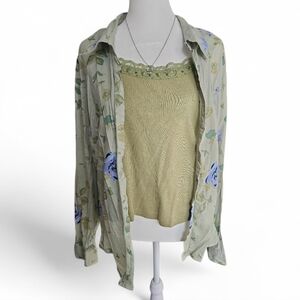 St. John's Bay Vintage Floral Button Down Lace Trim Camisole Set Large